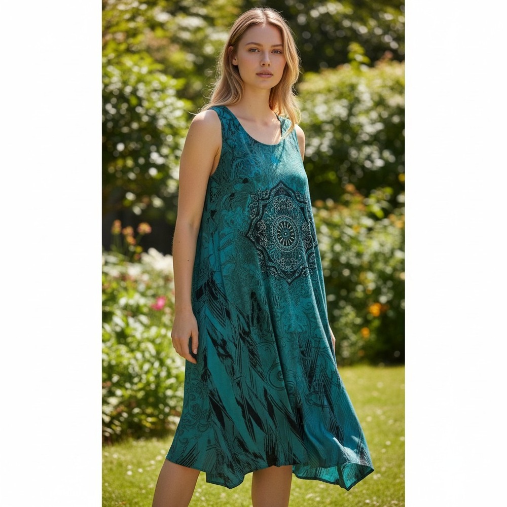 Jostar Womens S Sleeveless Dress Teal Mandala Rhinestone Sharkbite Hem Boho